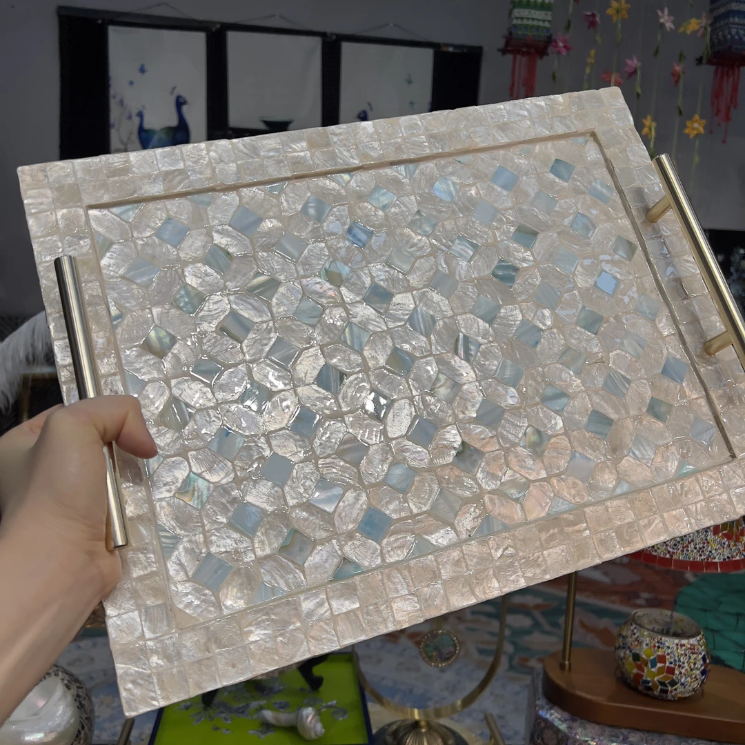 KA-【小仙女】蓝宝石色贝壳镶嵌荧白带金属手提方托盘收纳40*30cm