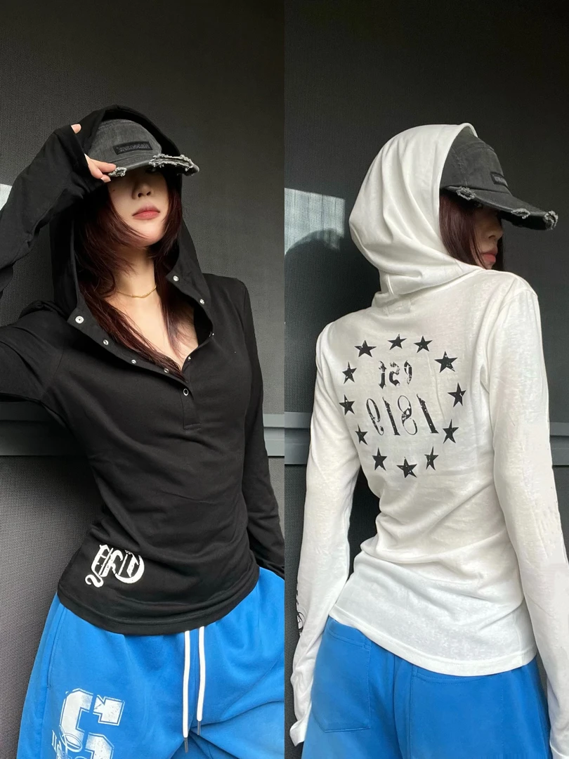 15GET 美式朋克长袖连帽T恤哥特风防晒罩衫修身薄纱上衣女辣妹夏
