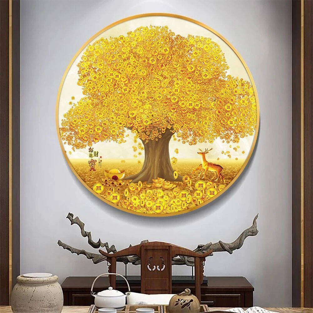 招财进宝新中式玄关装饰画发财树客厅圆形挂画黄金满地餐厅墙壁画