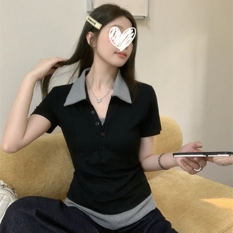 韩版修身显瘦纯欲辣妹风设计感百搭设计感假两件短袖恤女上衣