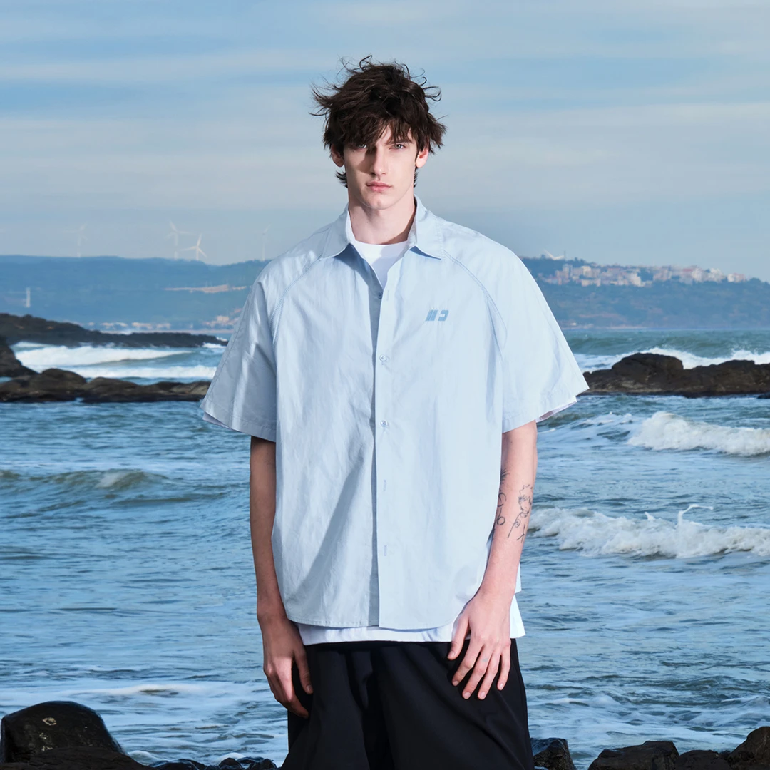 FORNINES刺绣logo纯棉蓝色短袖衬衫男女情侣上衣潮牌夏季美式半袖