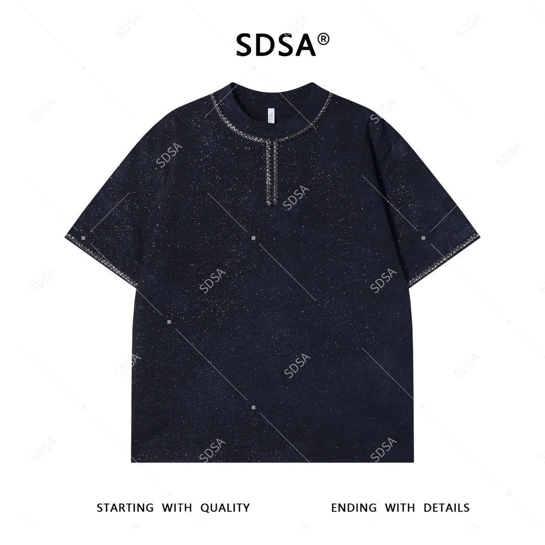 夏季高级感新款男士美式满天星镶珠子设计短袖T恤百搭圆领上衣