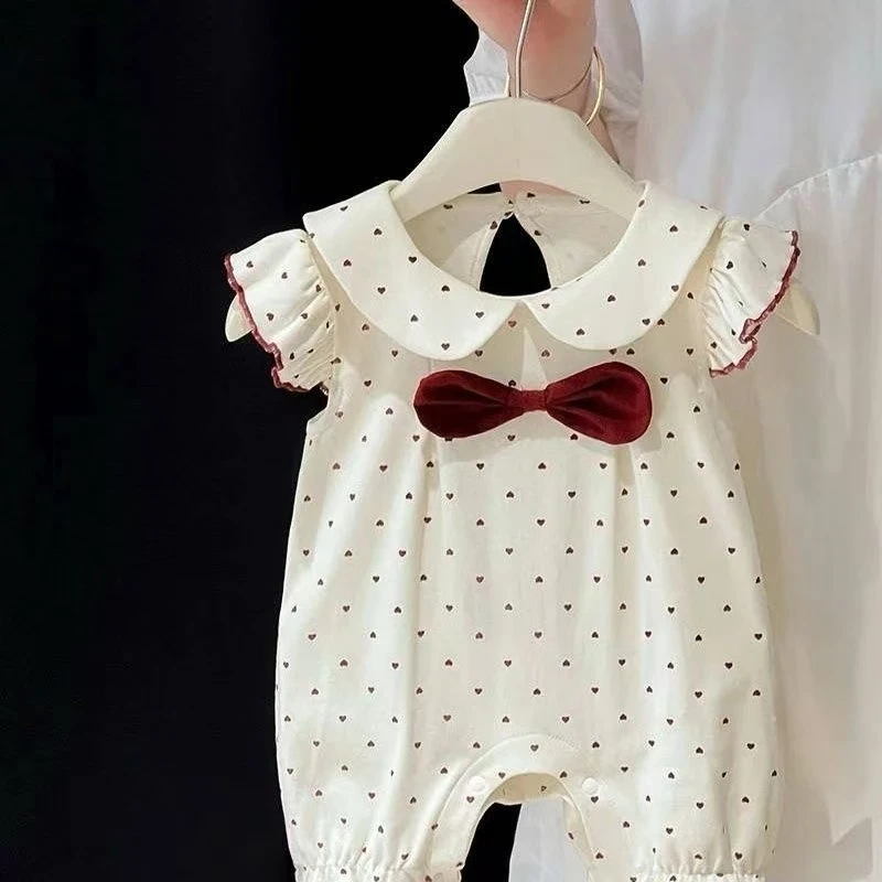 娃娃领蝴蝶结连体衣夏季薄款女宝宝爬服甜美可爱波点新生幼儿哈衣