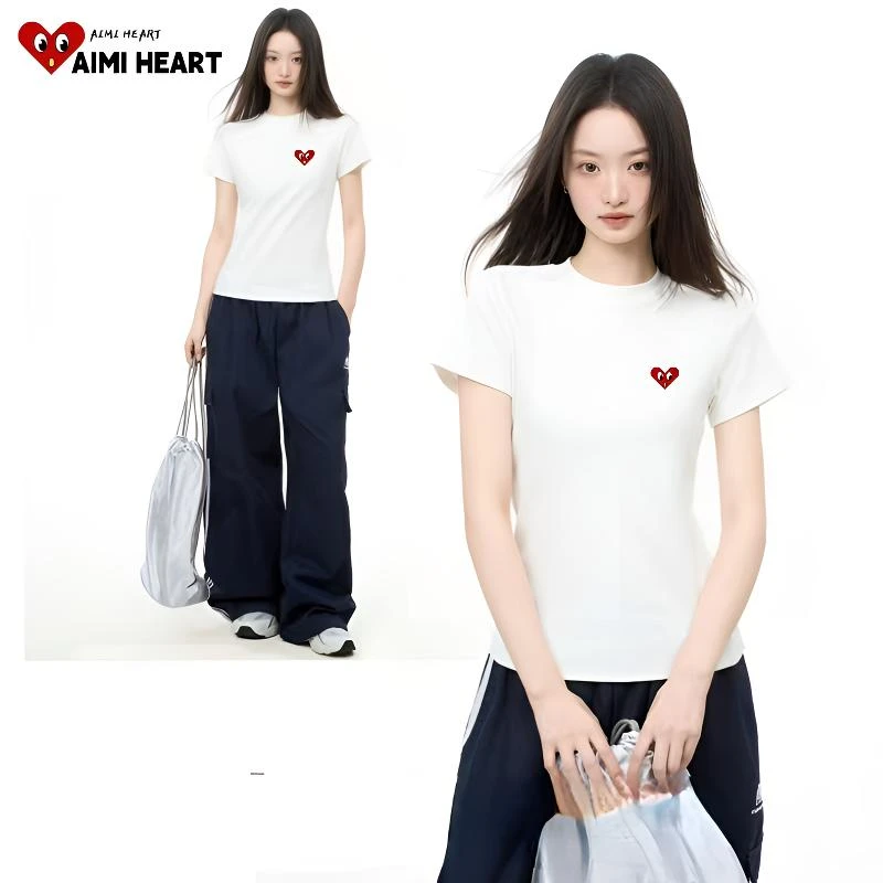 爱米桃心女王修身弹力正肩短袖女2025夏季辣妹百搭潮流透气亲肤