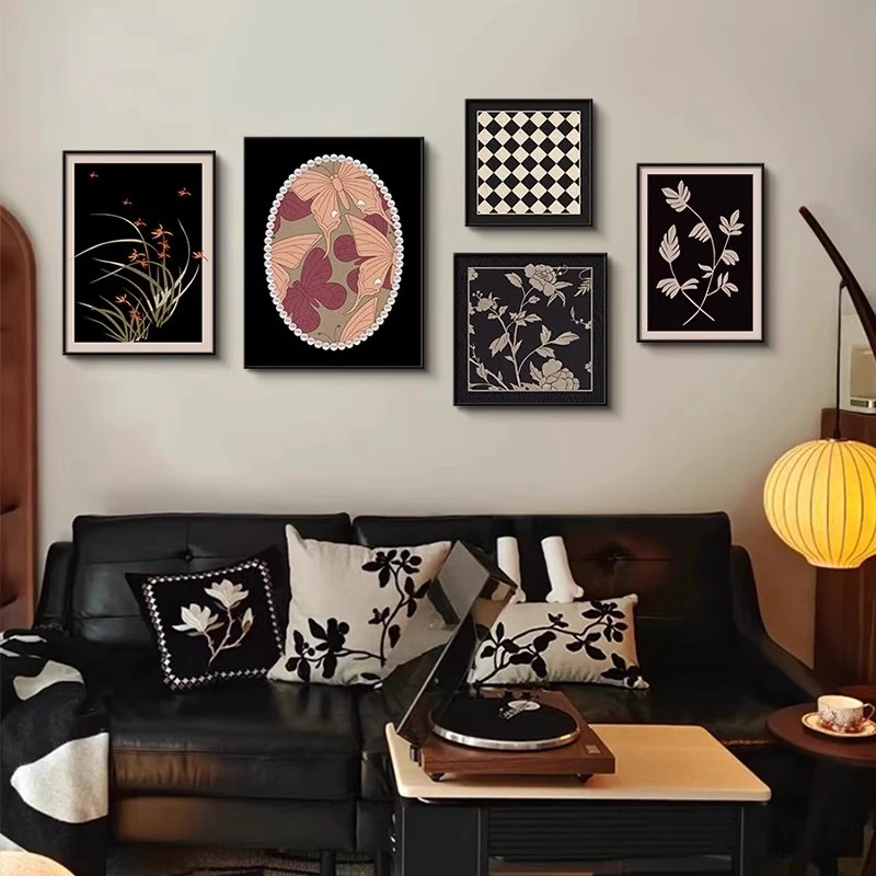 中古风客厅装饰画小众艺术沙发背景墙壁画法式复古高级感平面壁画