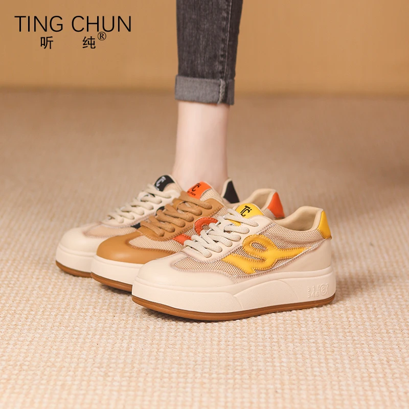 听纯1576夏季2025厚底新款网面女鞋真皮百搭舒适运动休闲板鞋女鞋
