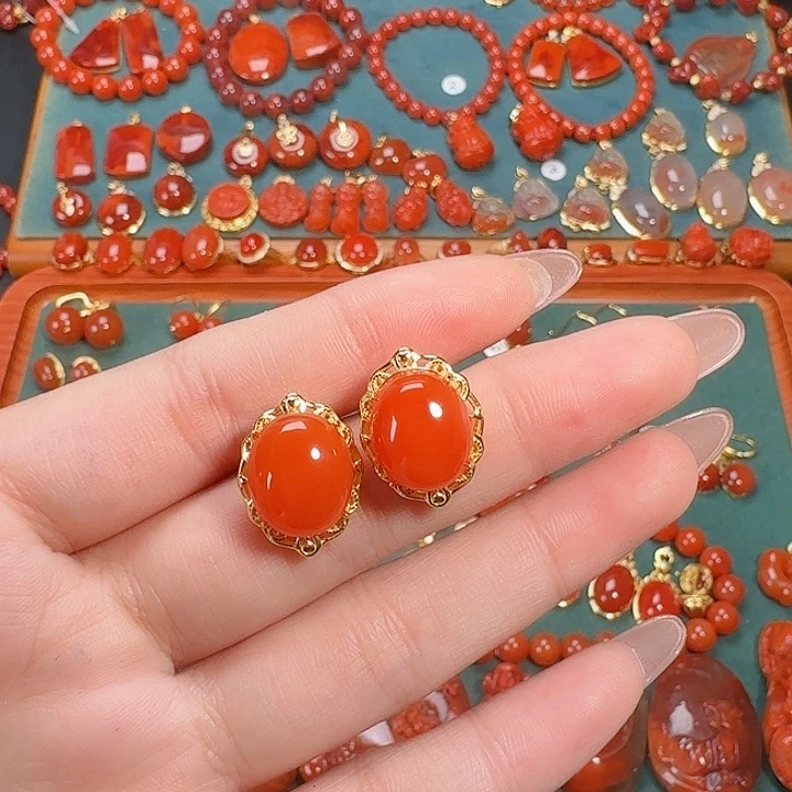 南红玛瑙银S925镶嵌耳饰