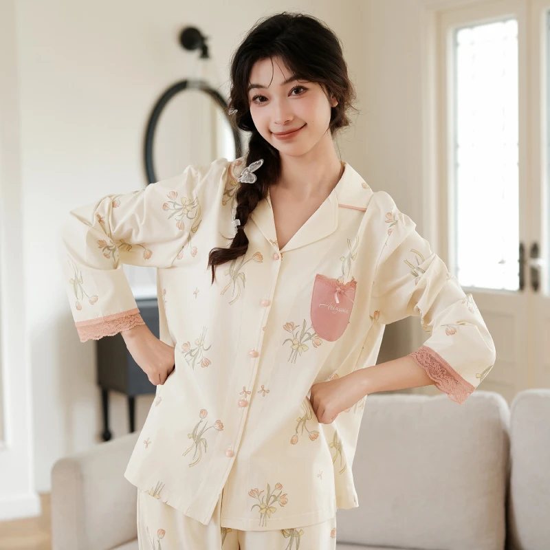 芬腾睡衣女春秋季长袖长裤可爱植物甜美可爱可外穿家居服套装