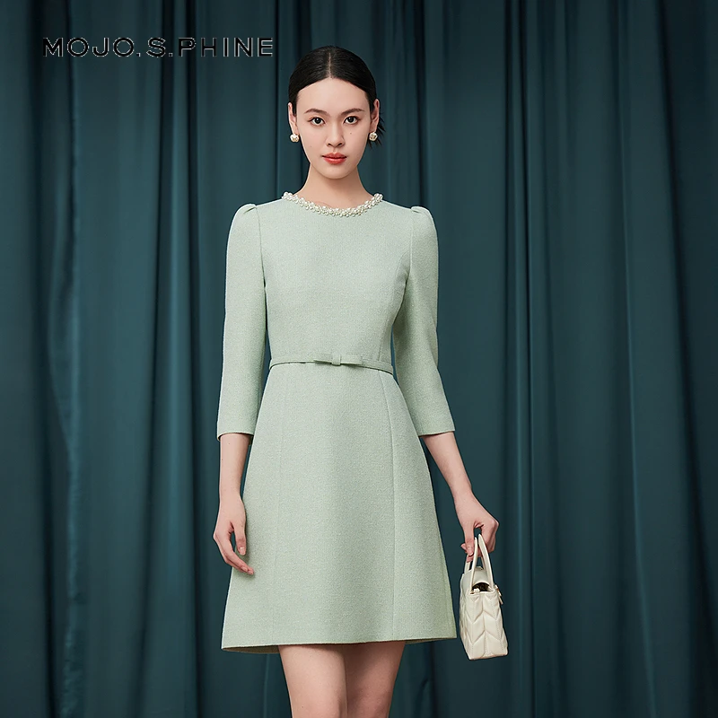 叶绿色圆领优雅长裙2025新款优雅千金连衣裙MOGC03WOP027M11