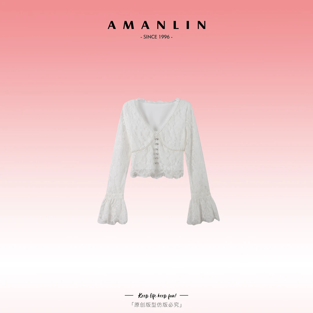 AMANLIN/阿谩琳春季欧若风气质时尚百搭蕾丝花边钉珠上衣F595913