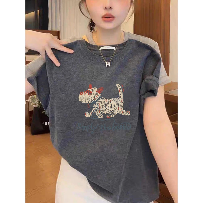 设计感小众正肩短袖女t恤时尚休闲宽松百搭深灰色上衣内搭打底衫