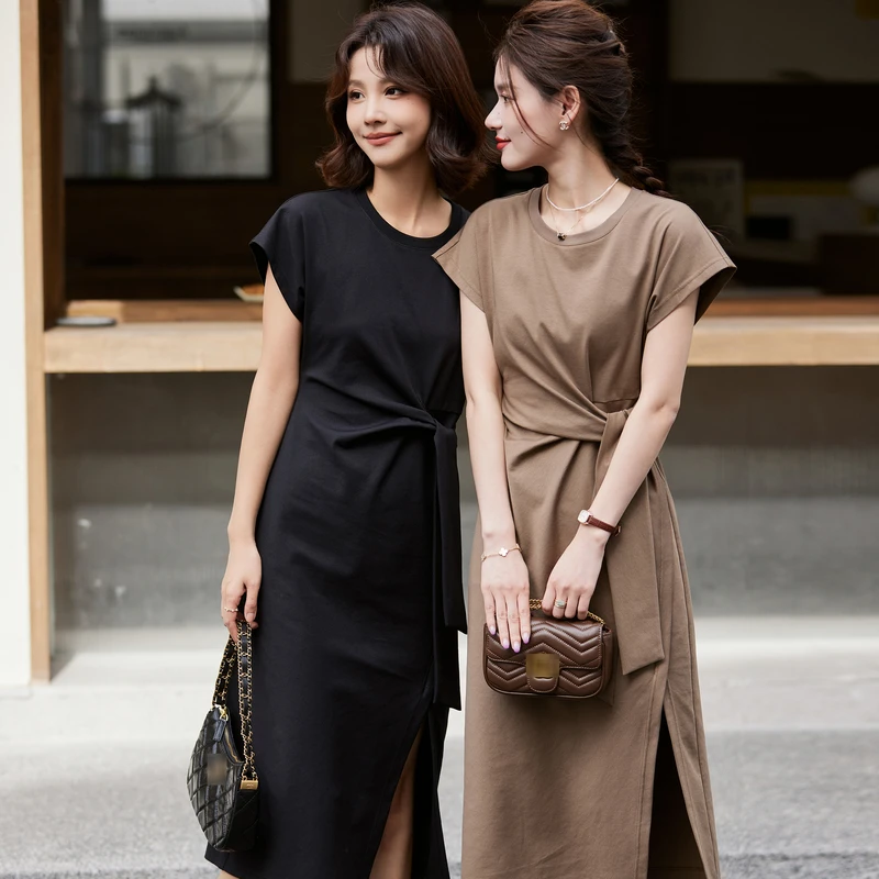 风笛2025夏季新款短袖连衣裙女设计感开叉中长款裙子简约气质长裙