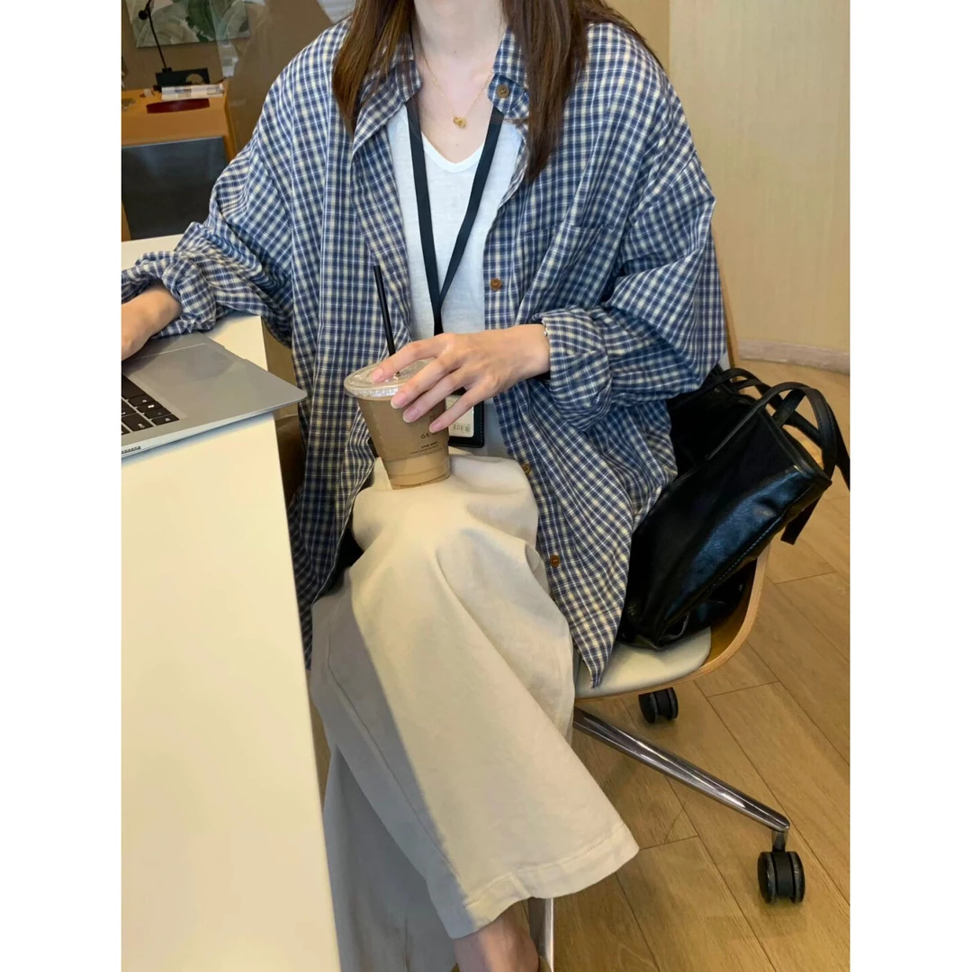 【工厂直发】复古宽松慵懒风格子衬衫女早秋新品韩版休闲简约长袖