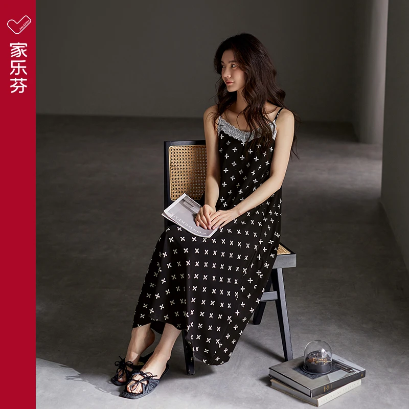 家乐芬带胸垫一体睡裙女睡衣夏季夏款夏天吊带莫代尔长款冰丝性感