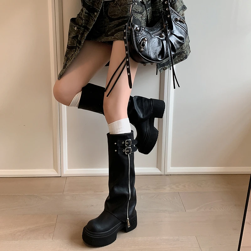 RANBEST【牛皮】跟高8cm厚底高筒靴粗跟英伦风百搭小个子增高女靴