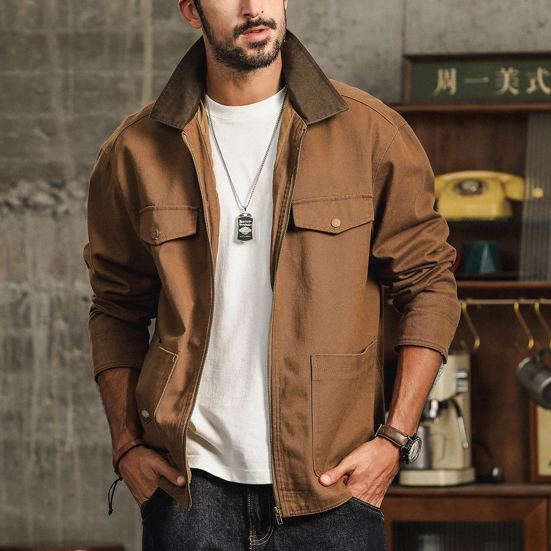 高品质美式工装百搭拉链夹克男美式重磅拼色牛仔飞行夹克硬汉外套