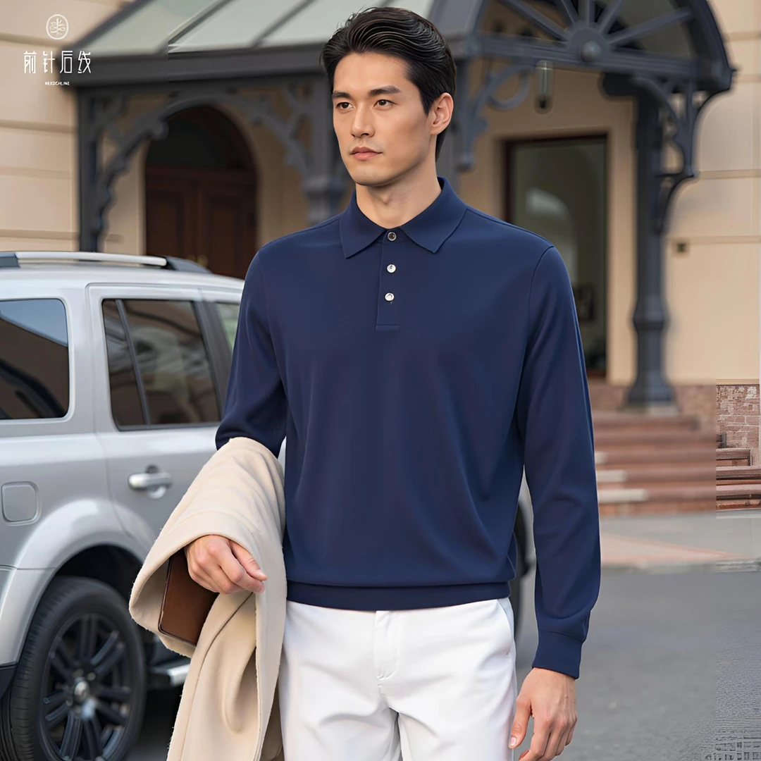 纯羊毛男士翻领羊毛衫polo衫男装秋冬老钱风纯色琥珀流光机洗男款