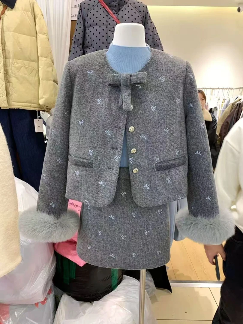 2024秋冬新款小香风加棉套装女小众设计感加厚毛毛袖两件套