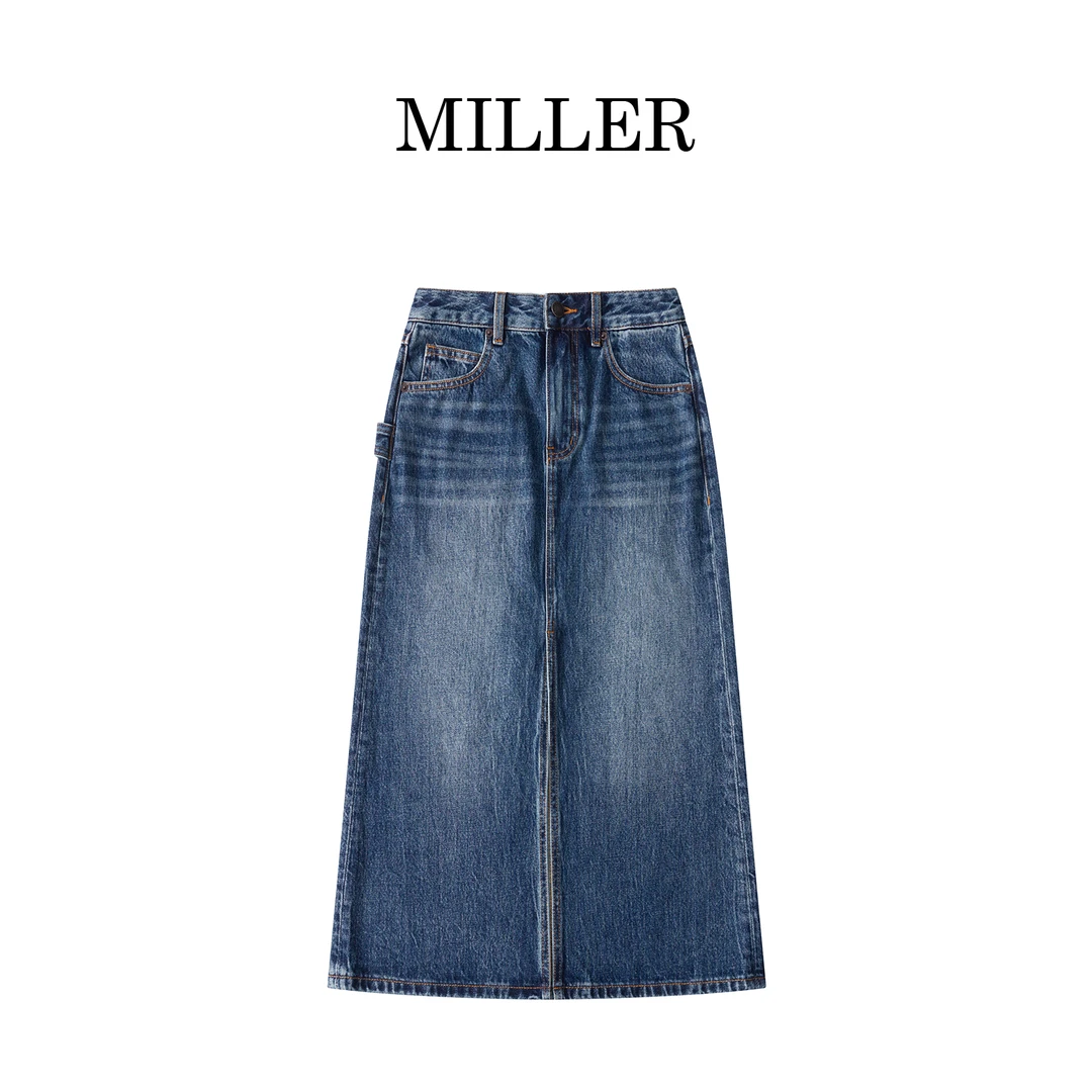 MILLER [荷韵]夏季中高腰前开叉牛仔半身裙百搭牛仔裙-F2408