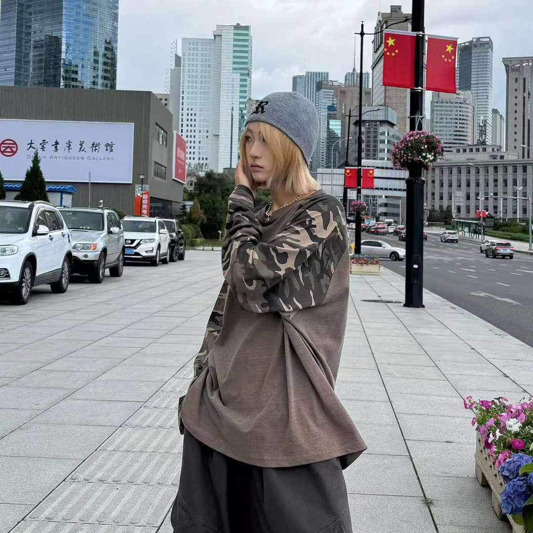 韩国早秋新款拼接迷彩T恤时尚