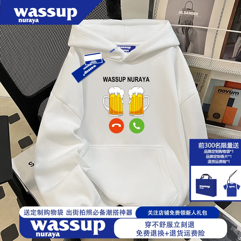 WASSUP NURAYA国潮牌创意印花连帽卫衣秋冬季男女同款300斤上衣服