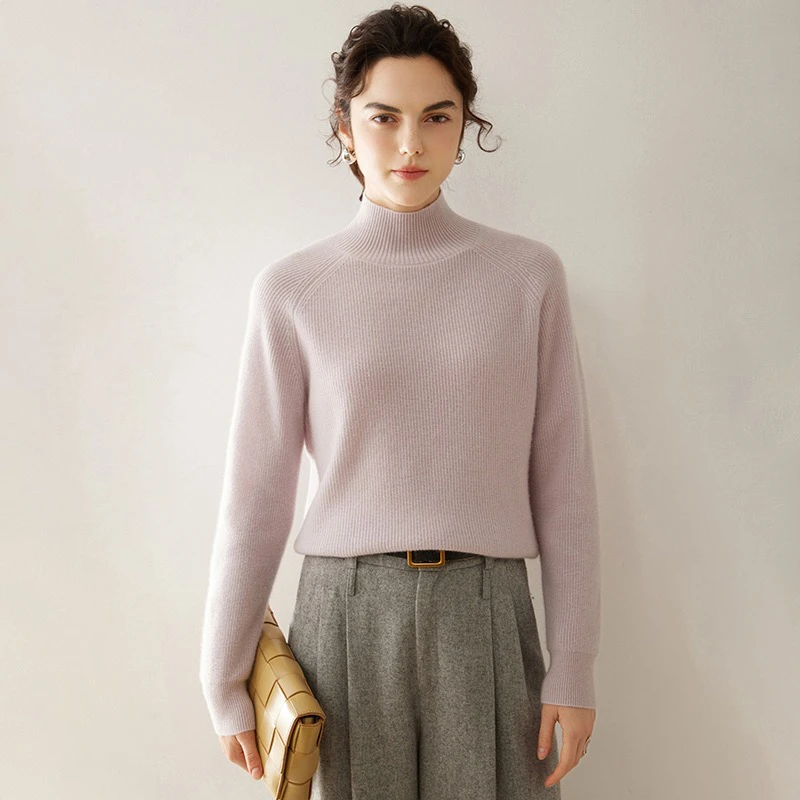 100%山羊绒衫加厚元宝针毛衣半高领针织打底衫插肩袖保暖羊绒衫女