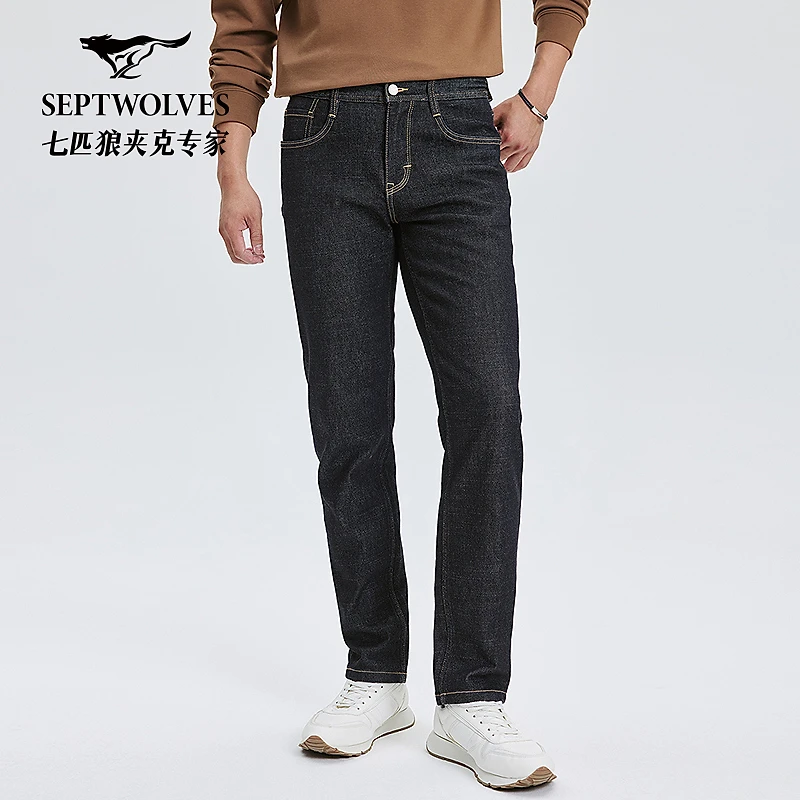 七匹狼藏青色保色洗原牛风休闲合体牛仔裤1D1F50403702
