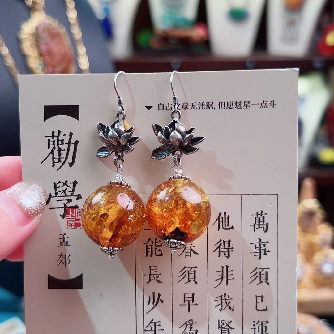 银S925镶嵌琥珀挂件耳环