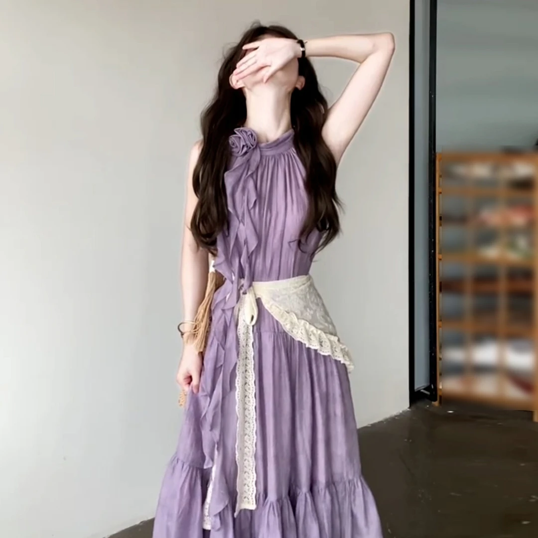 巨好看小众气质紫色无袖连衣裙女装夏季2025新款度假显瘦长裙5647