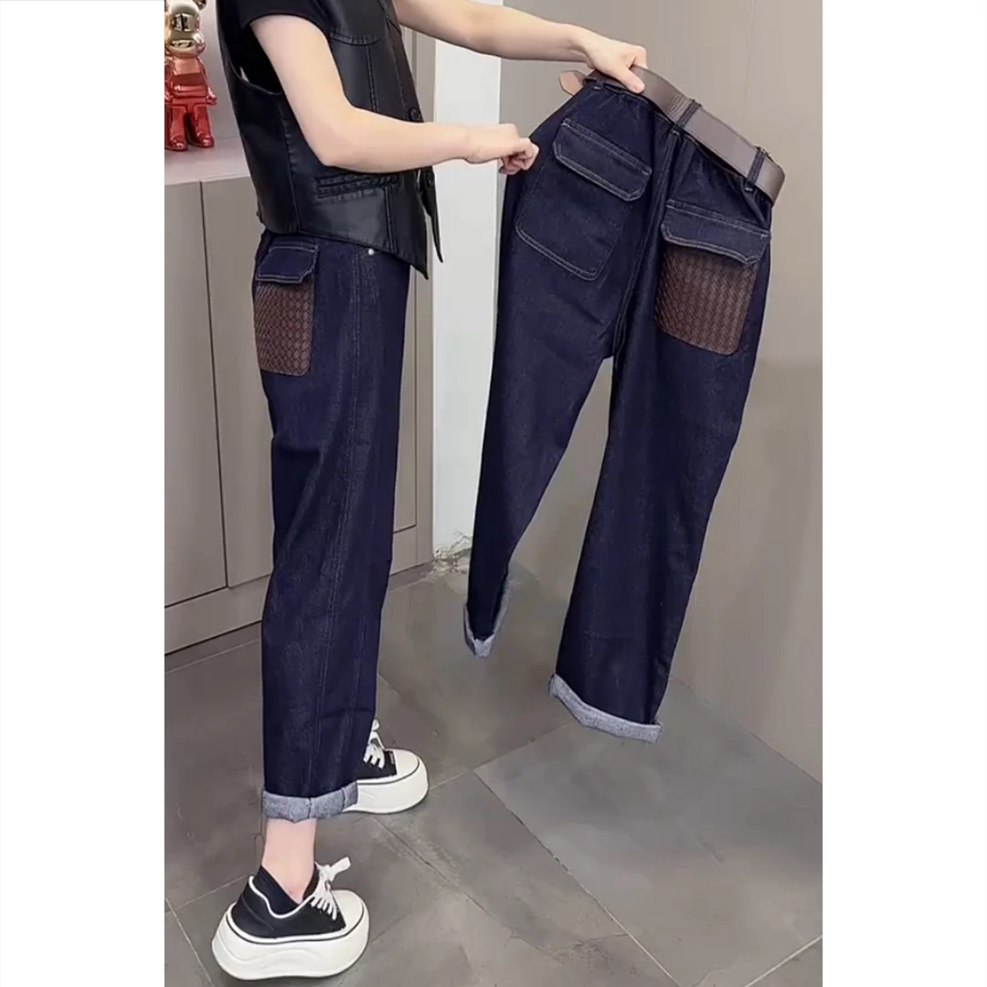 艾塔莉秋季女款牛仔裤宽松百搭阔腿裤时尚拼接九分条纹设计小个子