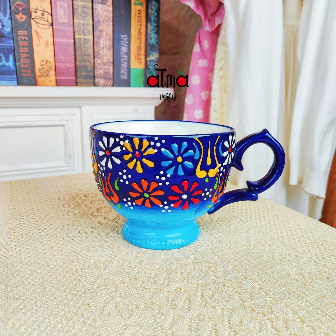 阿勒玛 新疆包邮【蓝贵夫人】手绘盘防烫加厚680ML早餐杯