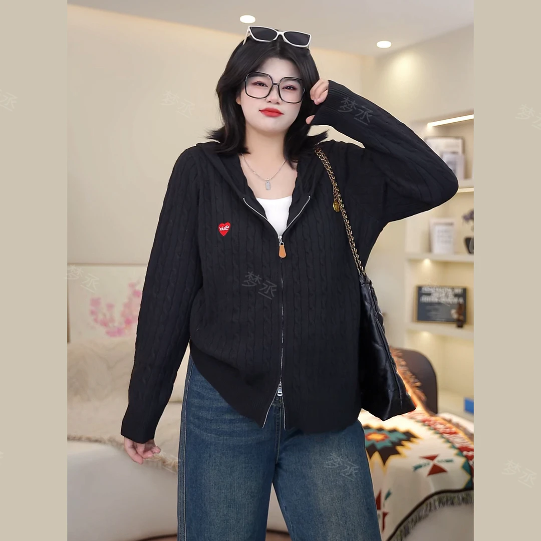 梦丞-胖mm大码女装冬季刺绣显瘦遮肉V领连帽针织开衫长袖上衣