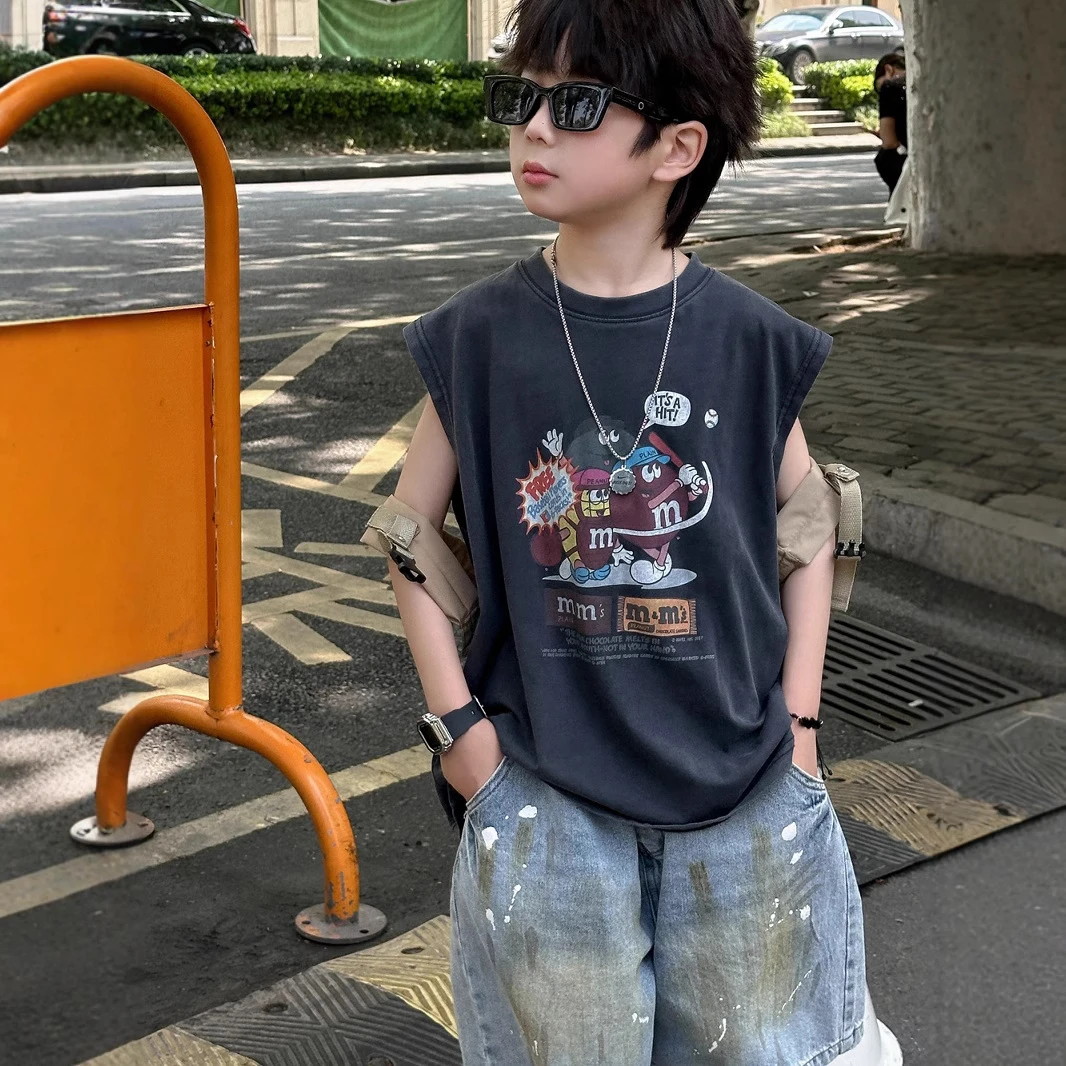 A.MU2025【M豆】夏季新款儿童数码印花无袖T恤男童宽松洋气背心