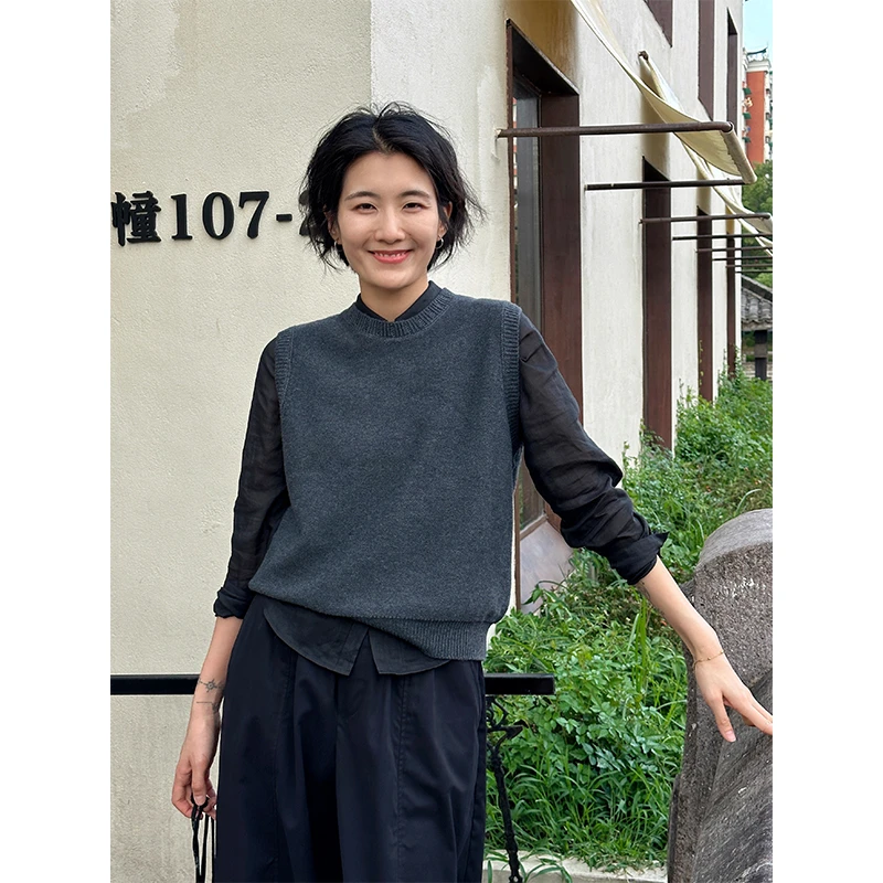 LANGQING 外搭羊毛针织高级宽松无袖舒适透气双色背心毛衫42518#