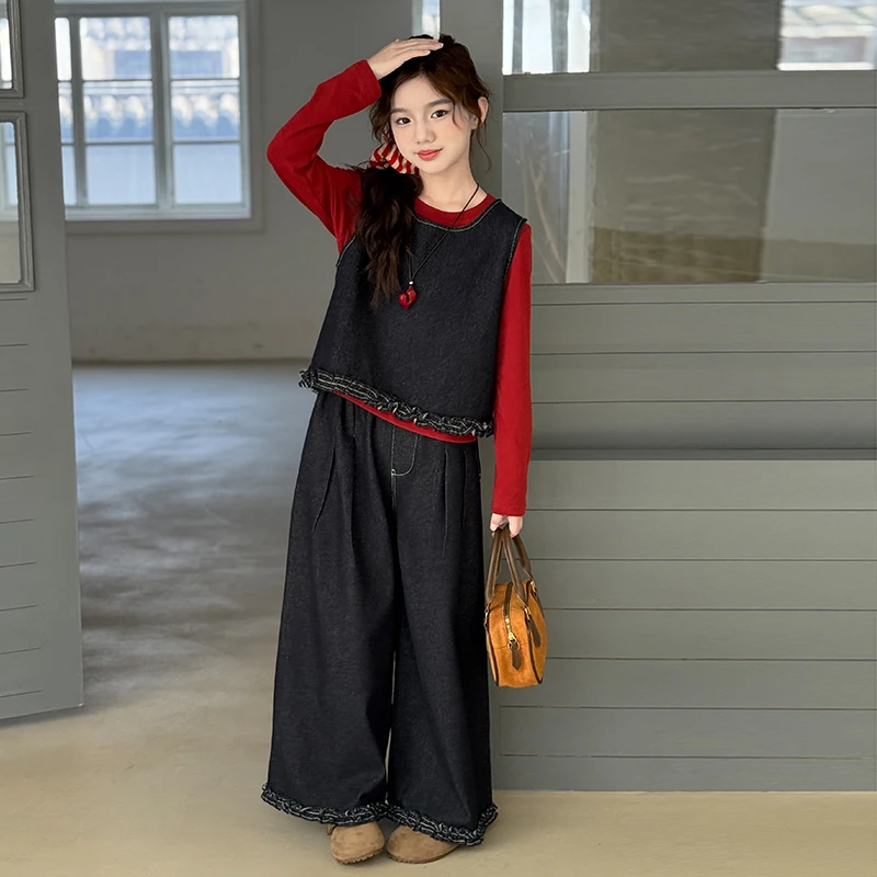 女童秋装套装2025新款儿童洋气时髦韩系穿搭牛仔马甲阔腿裤三件套