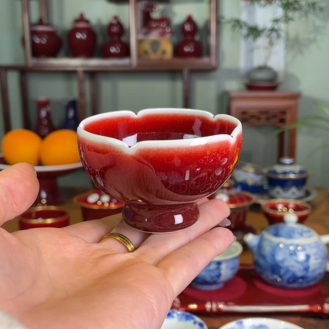 清欢雅玩原矿郎红福利禅定花口杯