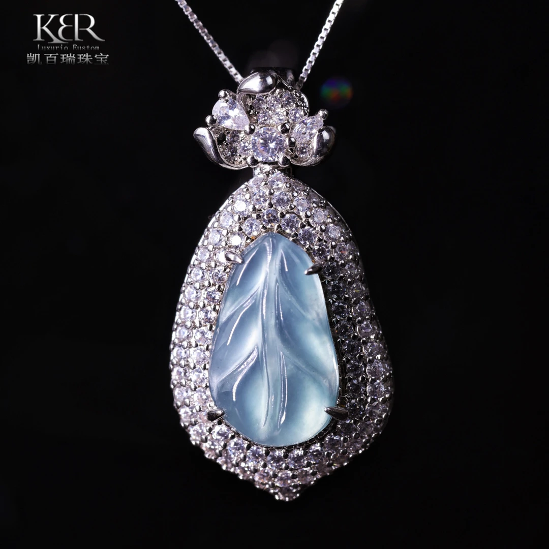 高定设计豪华镶嵌天然A货翡翠冰种叶子吊坠 KBR1219012