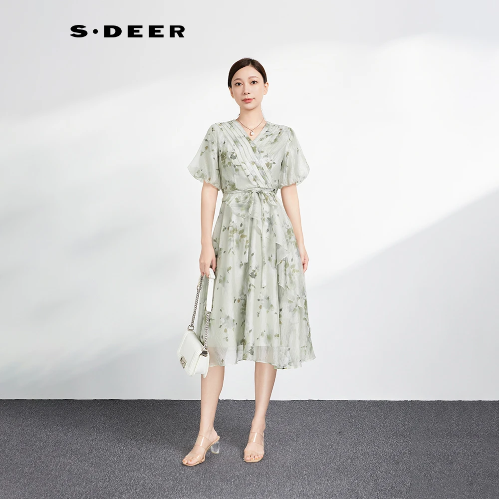 圣迪奥女装气质轻奢碎花印花V领显瘦时尚夏连衣裙S242Z12M8