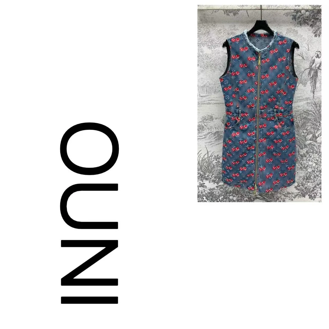 （樱桃连衣裙）夏季翻领提花领子气质洋气翻领牛仔连衣裙