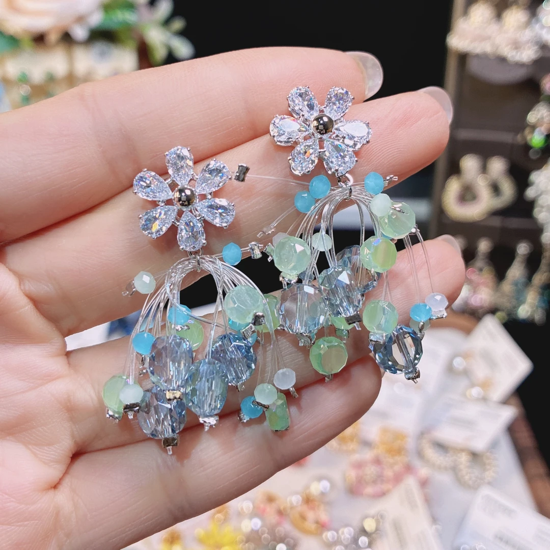 铜合金耳饰 2025新款爆款花朵锆石流苏银针耳环甜美