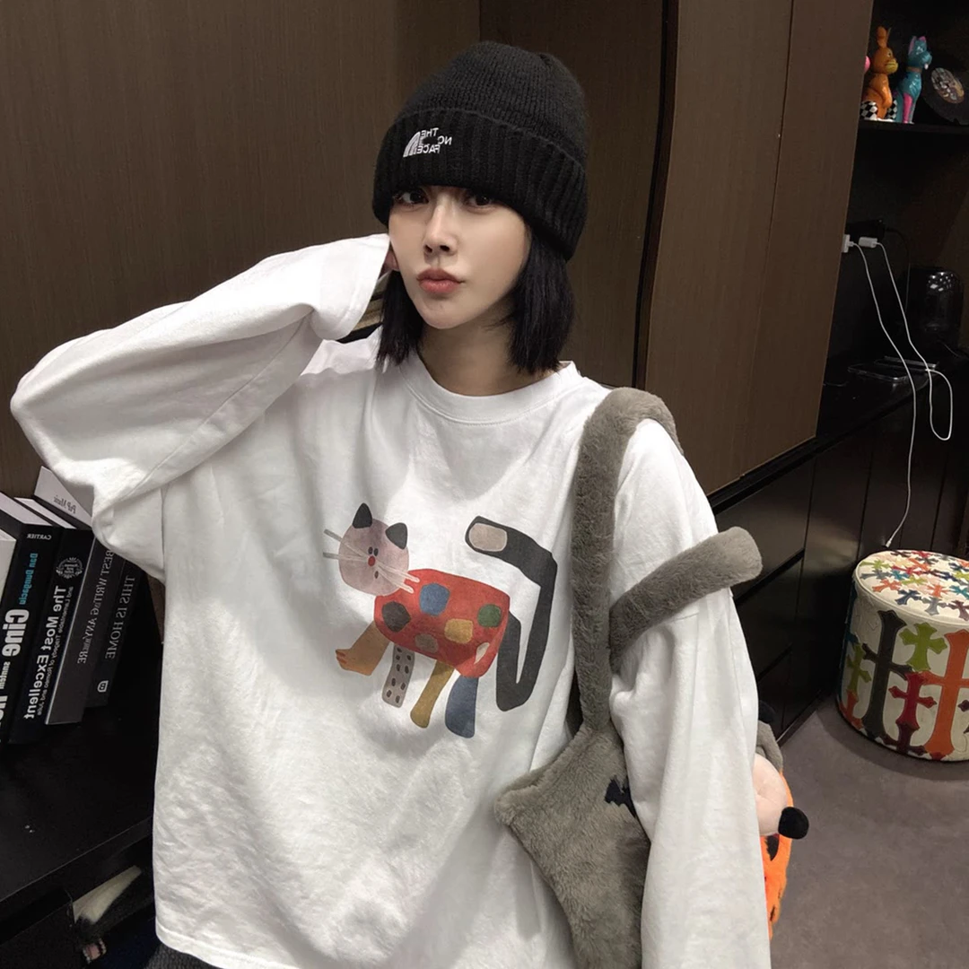 韩系卡通猫图案休闲长袖T恤女2025秋冬新款百搭洋气宽松上衣ins潮