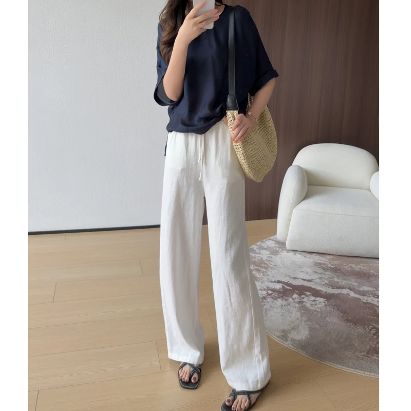 自留SHEN裤~松弛感苎麻阔腿裤女高腰拖地裤筋骨感廓形显瘦休闲裤