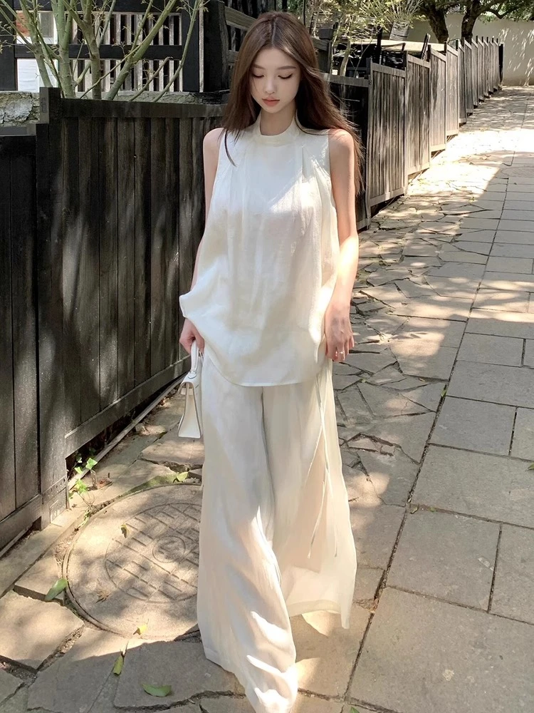 夏季新款慵懒风圆领无袖娃娃衫宽松上衣纯色阔腿裤两件套装女