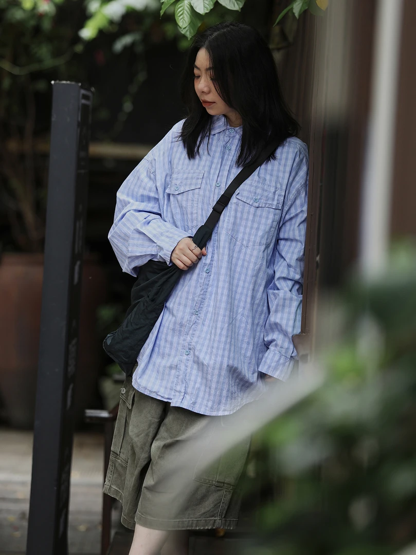253059-Relax Fit Shirt 进口订织全棉宽松慵懒廓形压褶格纹衬衫