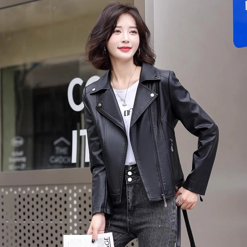 2025新款大码皮衣外套女海宁百搭修身显瘦pu皮夹克气质短款机车服