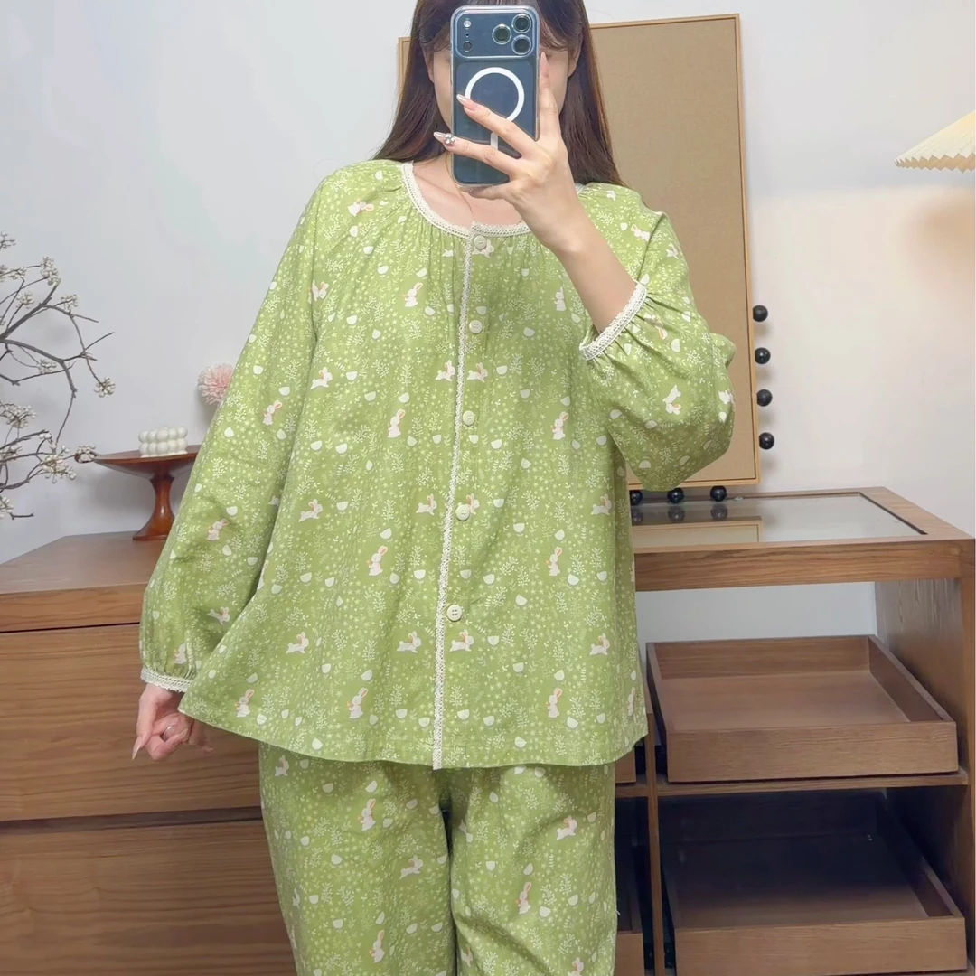 睡衣女款森系圆领纯棉磨毛长袖开衫绿色碎花复古可外穿家居服套装