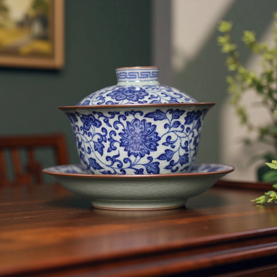 青花瓷缠枝莲三才盖碗茶具冰裂泡茶专用盖碗撇口防烫手复古茶杯