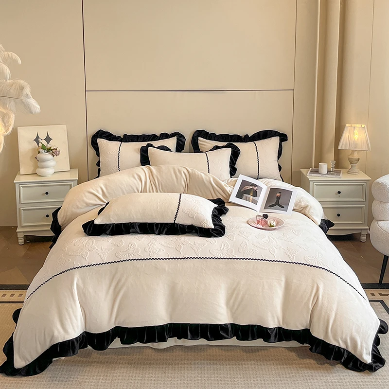 A轻奢高品质加厚立体雕花牛奶绒四件套冬季双面绒被套公主风被罩