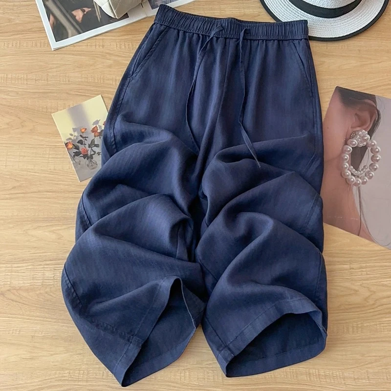 藏蓝色冰丝阔腿裤女士夏季薄2025新款高腰宽松垂感亚麻直筒休闲裤