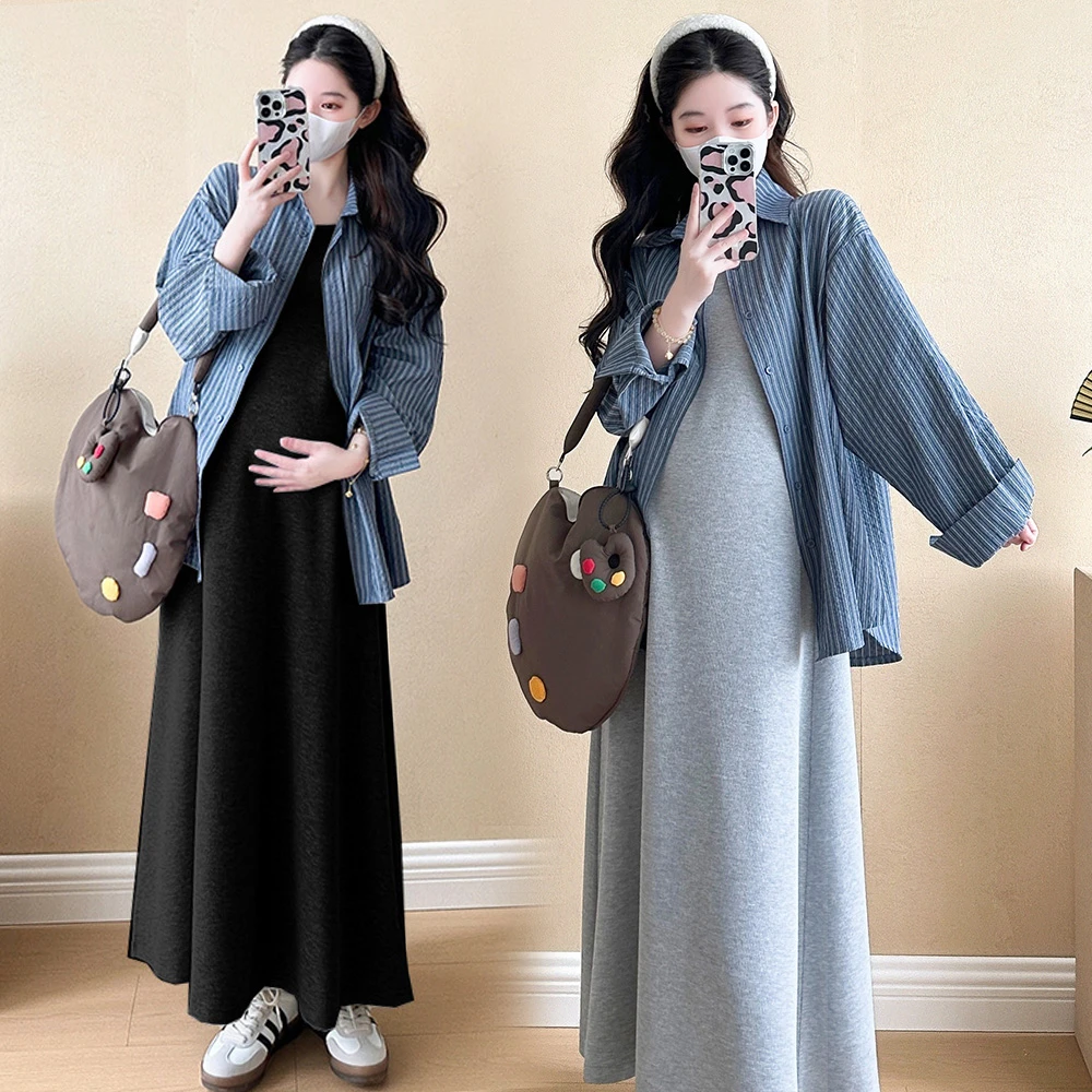 孕妇春装时尚套装韩版宽松背心裙条纹衬衫两件套洋气显瘦中长裙子